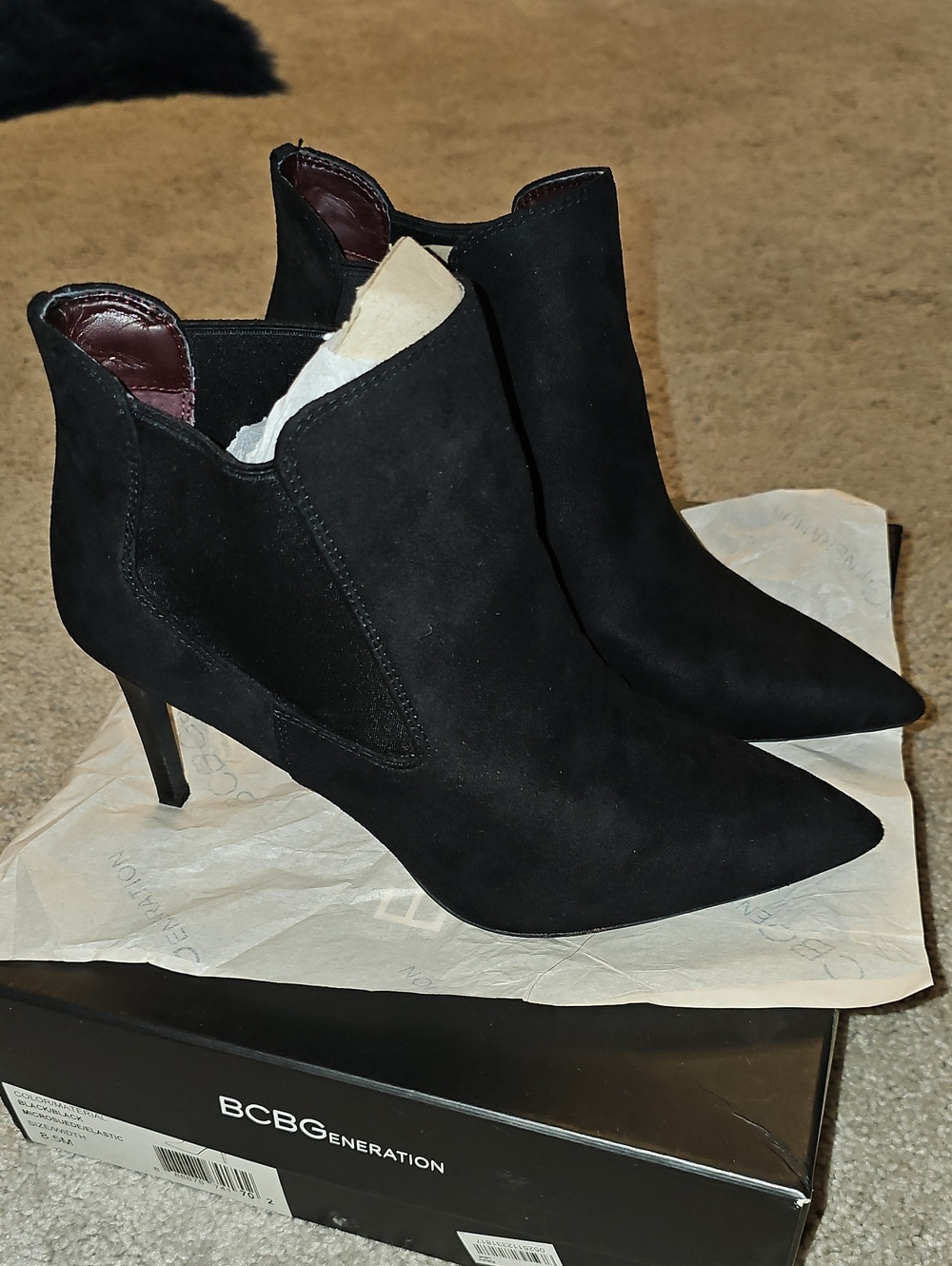 BCBGeneration Black Suede Pointed Ankle Booties with Slim Heel